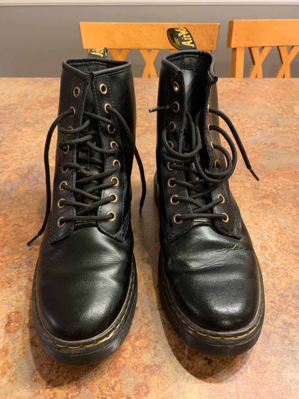 Dr. Martens Black Leather Boot with Yellow Heel Loop